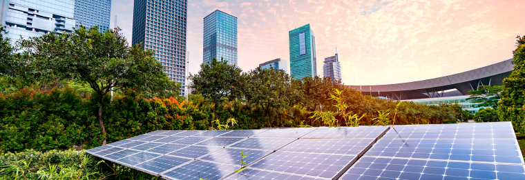 City skyline with solar panels