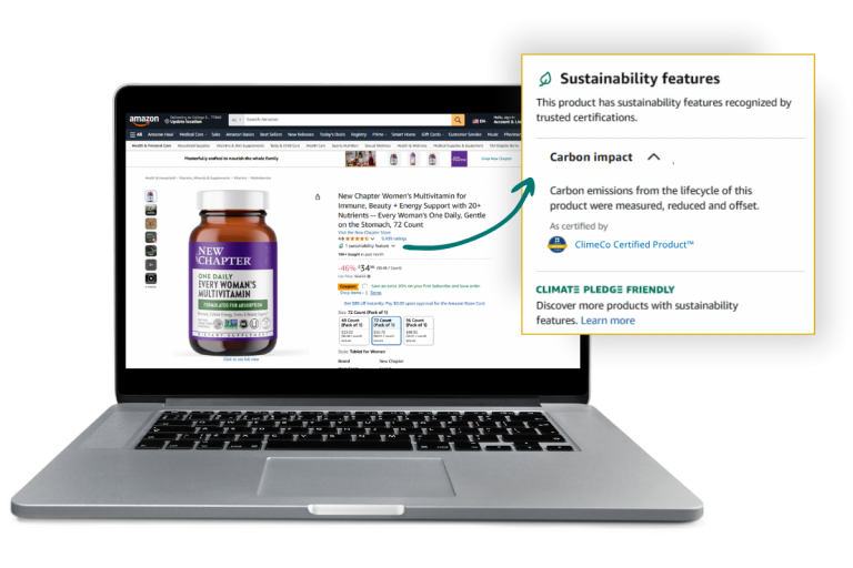 Laptop showing ClimeCo certified product on Amazon