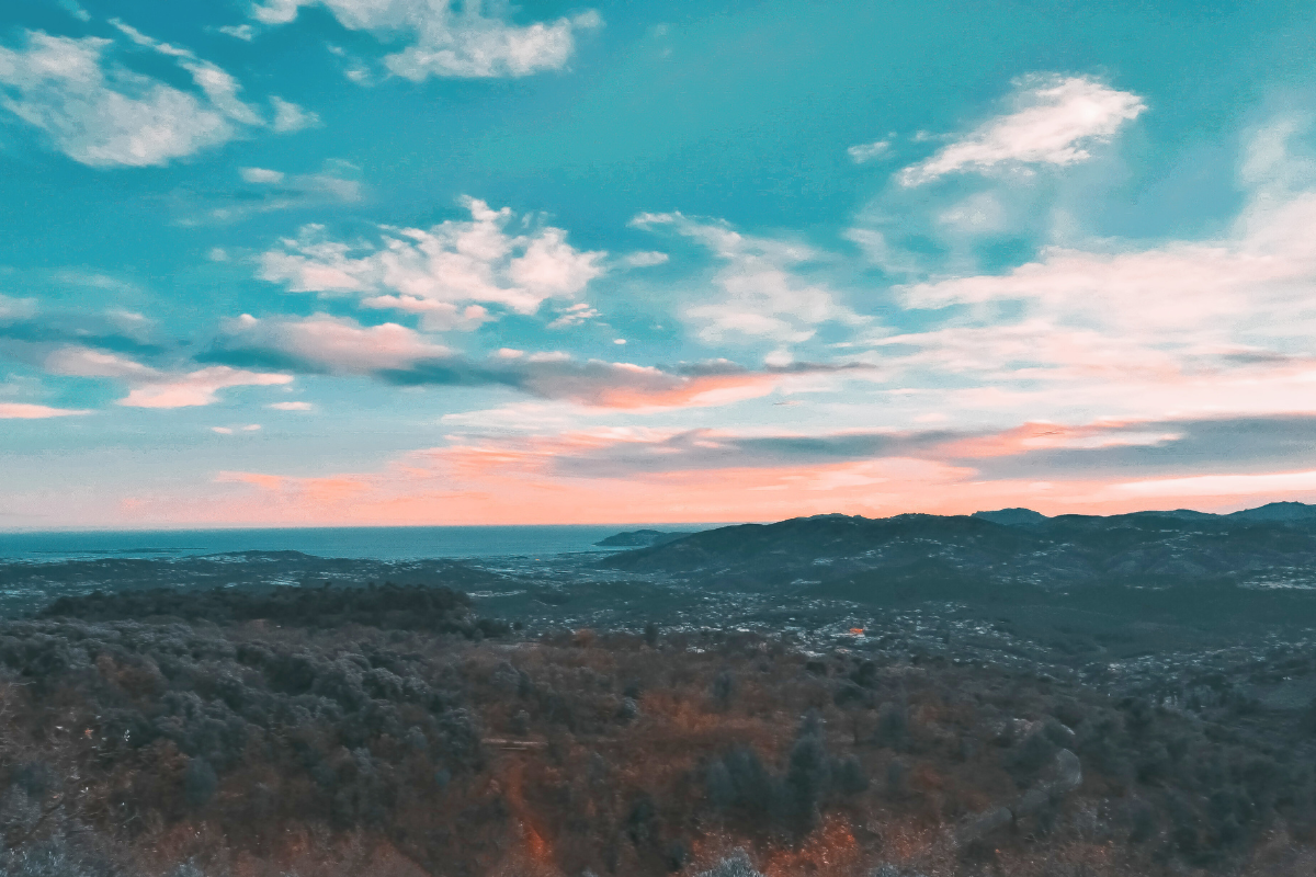 Wide landscape view of forested hills
