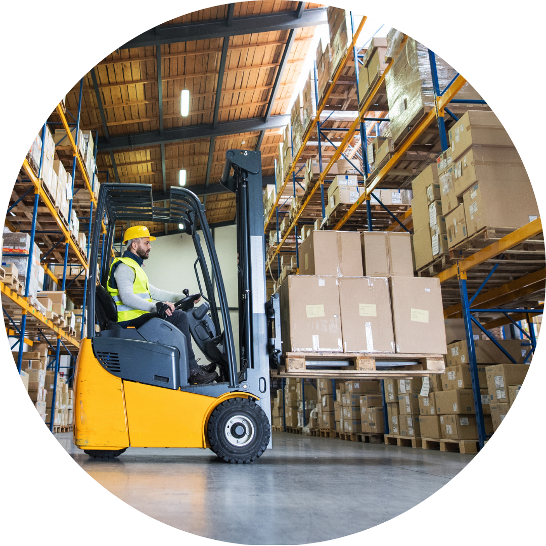 Warehouse man worker with forklift