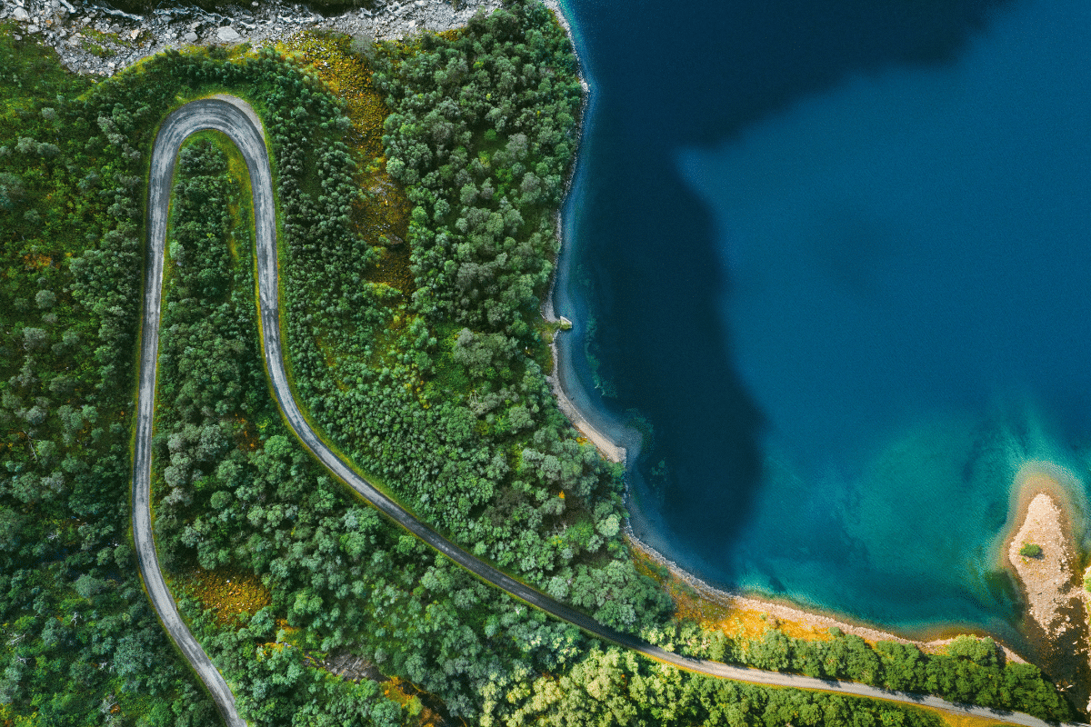 Aerial view of coastal area and road